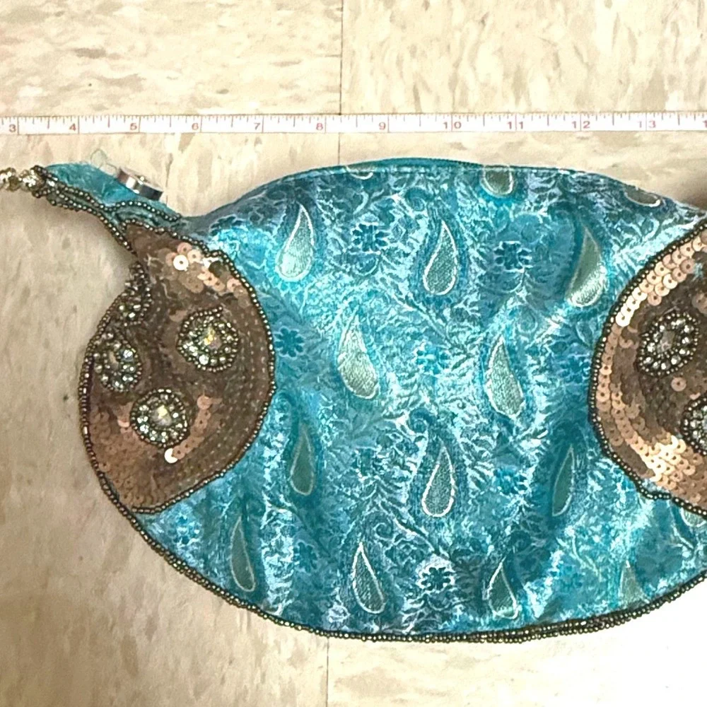 Turquoise Teal Paisley Brocade Wristlet Clutch Sequin Evening Bag Fortune Cookie